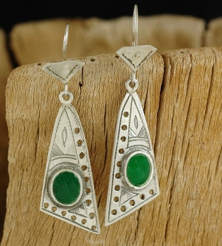 Lange Tuareg Ohrringe - Silber mit grünem Achat
